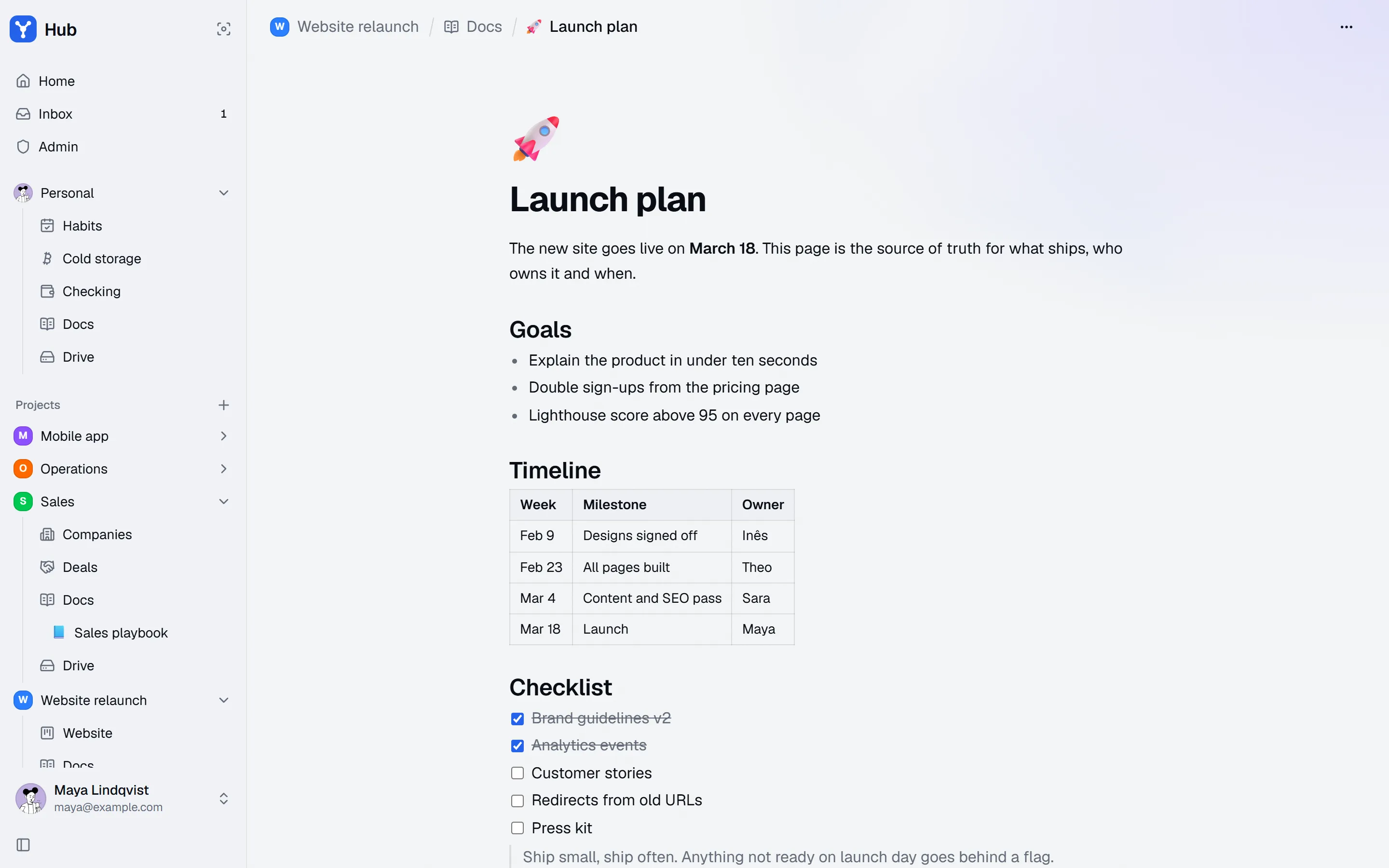 Documento do Hub com objetivos, cronograma e checklist